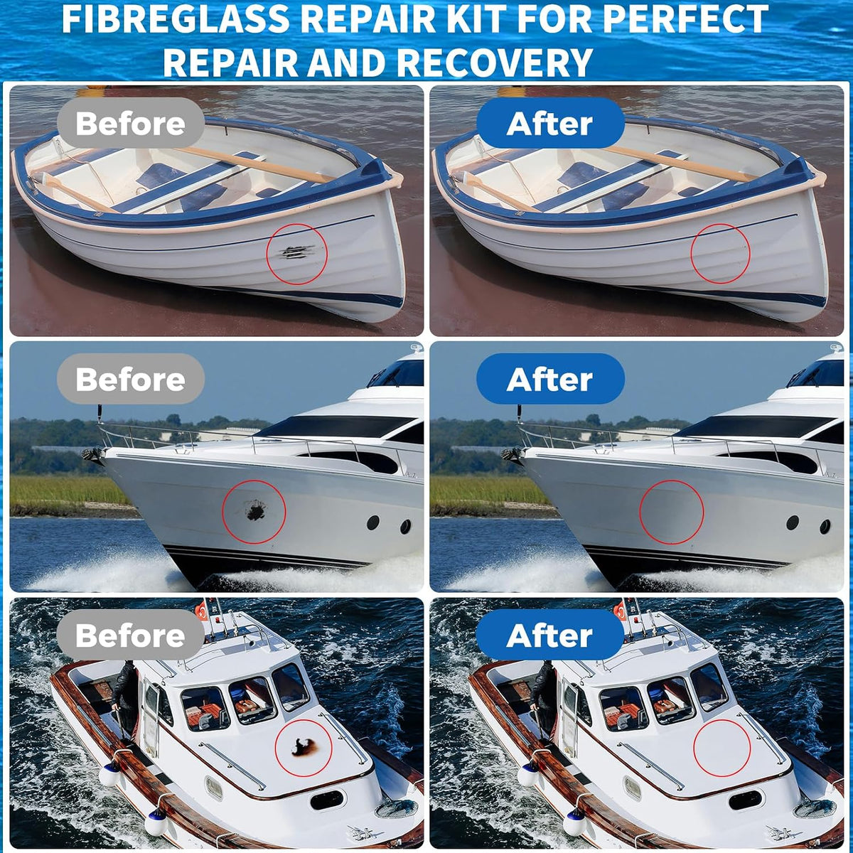 Marine Fiberglass Repair Kit for Boats, Gel Coat Repair Kit for Boats, Epoxy Filler for Boats, Gelcoat Repair Kit, Fiberglass Boat Repair Kit Fix Holes, Chips & Deep Cracks, Boat Accessories