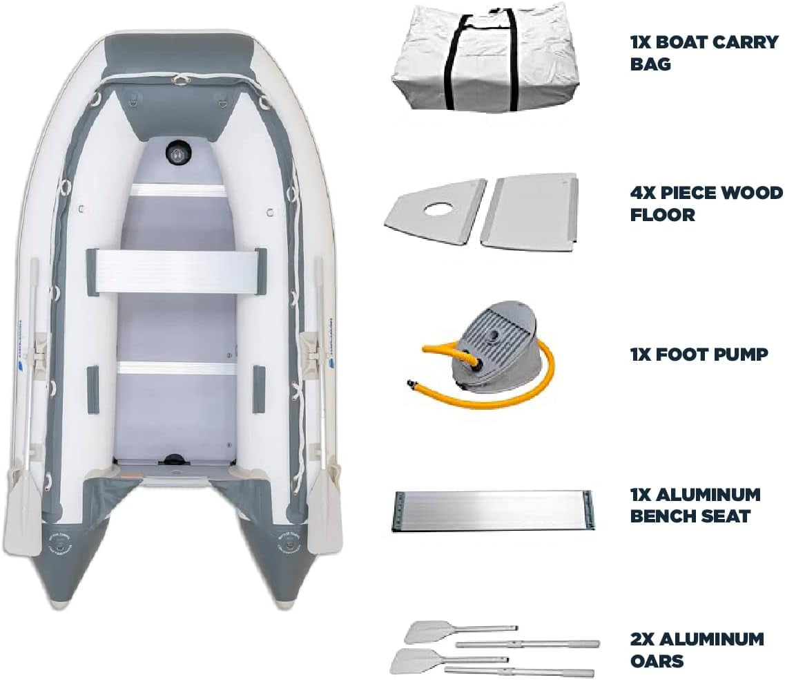 Newport 8Ft 10In Dana Inflatable Sport Tender Dinghy Boat - 3 Person - 10 Horsepower - USCG Rated, White/Gray