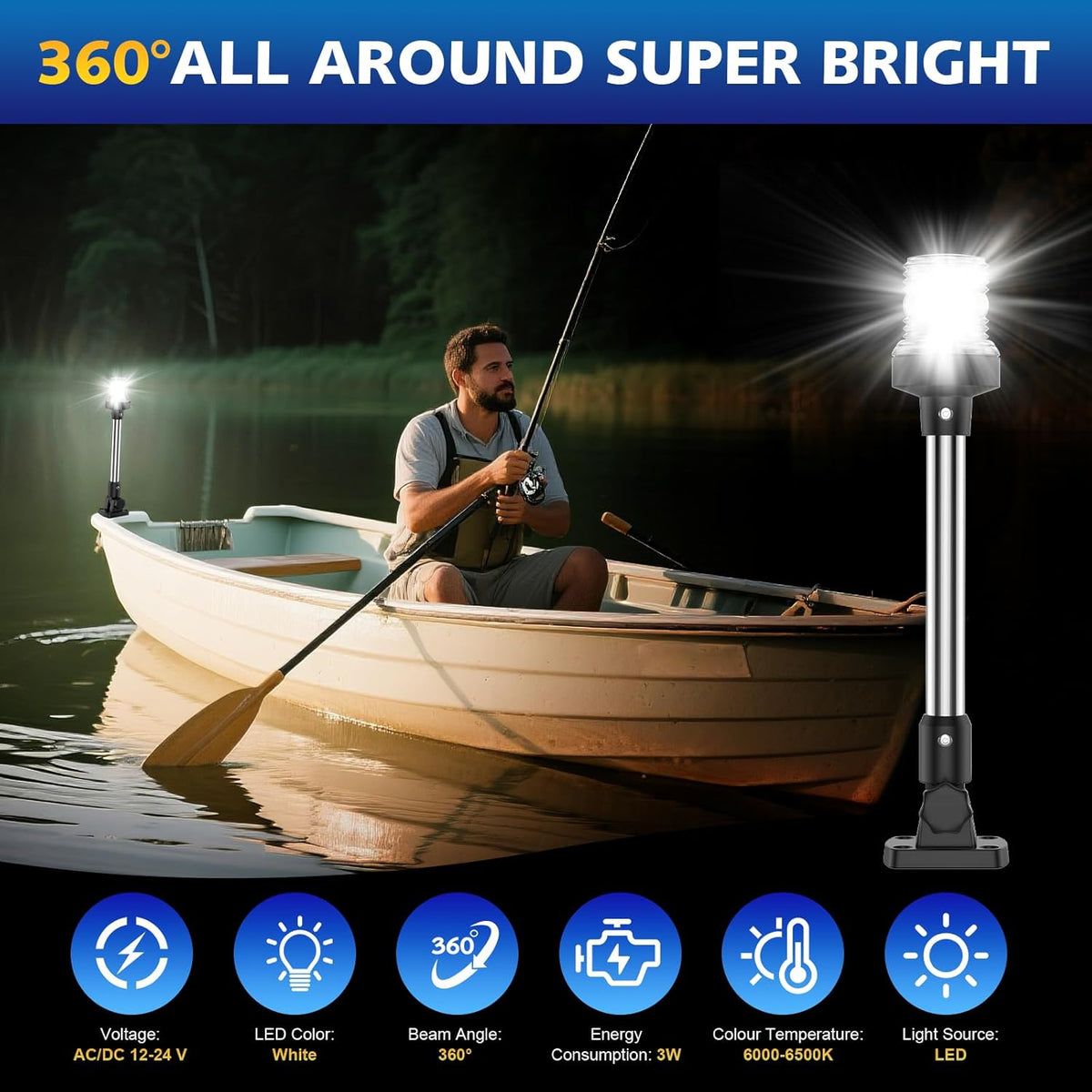6 Inches Anchor Light Stern Light for Boats, White Boat Navigation Lights LED Waterproof IP67, Rear LED Marine Running Lights for Pontoon, Jon Boat, Fishing Boats
