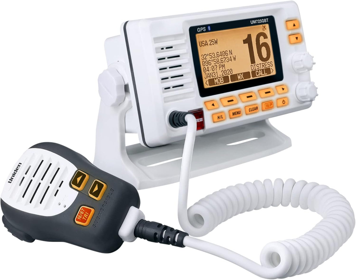 UM725GBT Marine VHF Radio, All USA, Canada, and Intl. Marine Channels, 1Watt/25Watt Transmit Power, Largest LCD Screen in Class, NOAA Weather Channels, Speaker Mic, GPS Built-In, and Bluetooth