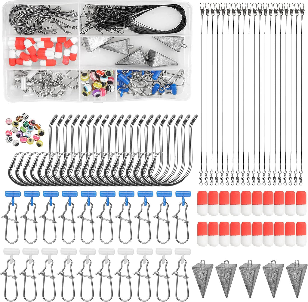 105PCS Surf Fishing Tackle Kit Fish Finder Rigs Saltwater Surf Fishing Rigs Live Bait Rig with Hooks Floats Sinker Slider Beads Pyramid Sinkers Leaders for Bass Beach Ocean Fishing Gear Accessories
