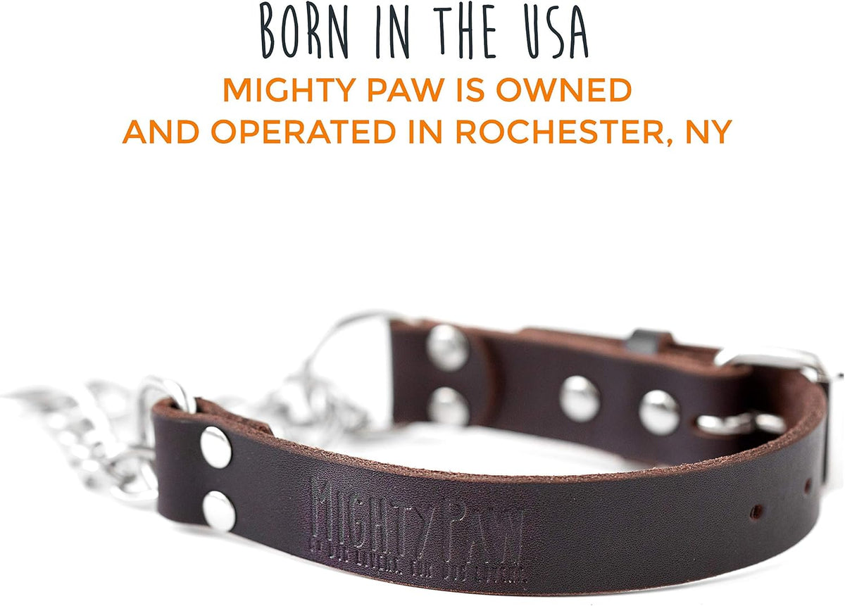 Martingale Dog Collar - No Pull Design - Stainless Steel Chain - Limited Chain Cinch Training - Brown Leather Martingale Training Collar - Medium Size