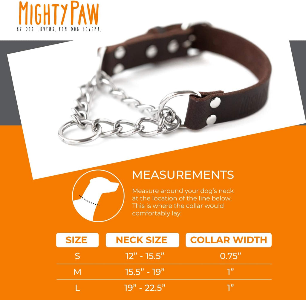 Martingale Dog Collar - No Pull Design - Stainless Steel Chain - Limited Chain Cinch Training - Brown Leather Martingale Training Collar - Medium Size