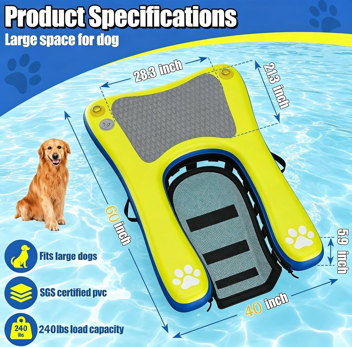60" X40” Dog Boat Ramp for Large Dogs up to 240 Lbs, Inflatable Floating Dock Platform with Anti-Slip Safe & Easy Water Access, Dog Water Ramp Floats for Boat, Inground Pool, Lake
