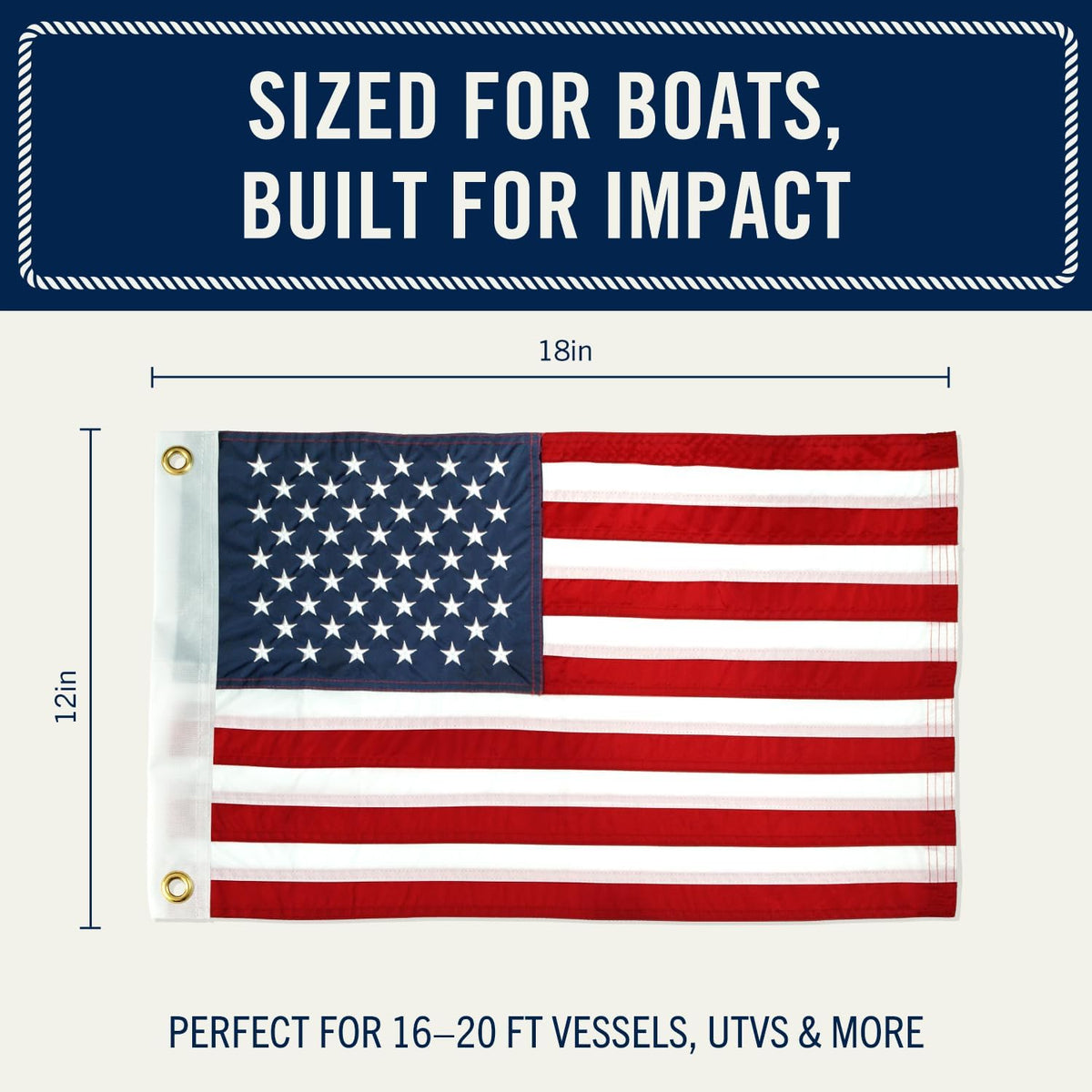 Rainiersupplyco American Flag for Boat - 12X18 USA Boat Flags with Embroidered Stars, Sewn Stripes, 2 Brass Grommets, 4 Heavy Duty Clips - Outdoor US Banner for Pontoon, UTV, Boating Accessories