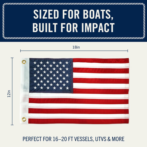 Rainiersupplyco American Flag for Boat - 12X18 USA Boat Flags with Embroidered Stars, Sewn Stripes, 2 Brass Grommets, 4 Heavy Duty Clips - Outdoor US Banner for Pontoon, UTV, Boating Accessories