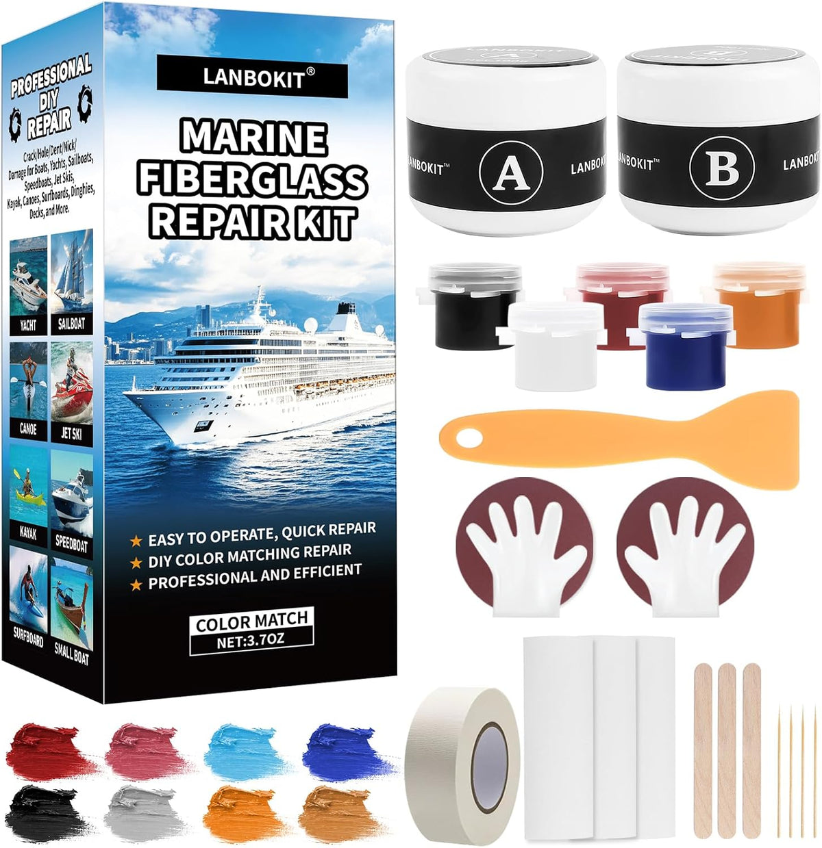 Marine Fiberglass Repair Kit for Boats, Gel Coat Repair Kit for Boats, Epoxy Filler for Boats, Gelcoat Repair Kit, Fiberglass Boat Repair Kit Fix Holes, Chips & Deep Cracks, Boat Accessories