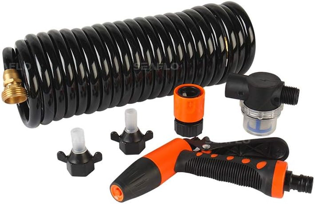 55-Series Washdown Pump Kit - 12V DC, 5.5 GPM, 70 PSI, Self-Priming, Coiled Hose, Spray Nozzle, High Flow for RV, Boat, Off-Grid, Freshwater, and Saltwater Applications 4-Year Warranty