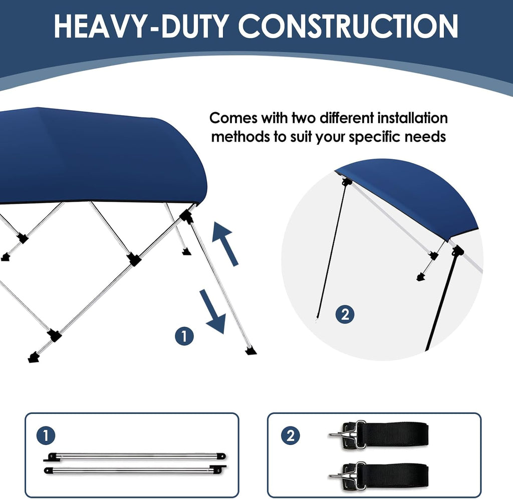 Bimini Boat Top Cover Sun Shade 3-4 Bow Boat Canopy Includes 4 Straps 2 Rear Support Poles Mounting Hardwares Storage Boot with 1" Aluminum Frame (Navy Blue, 3 Bow 6'L X 46" H X 54"-60" W)