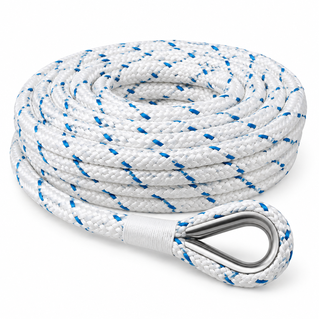 Double braided nylon boat anchor rope with stainless steel thimble