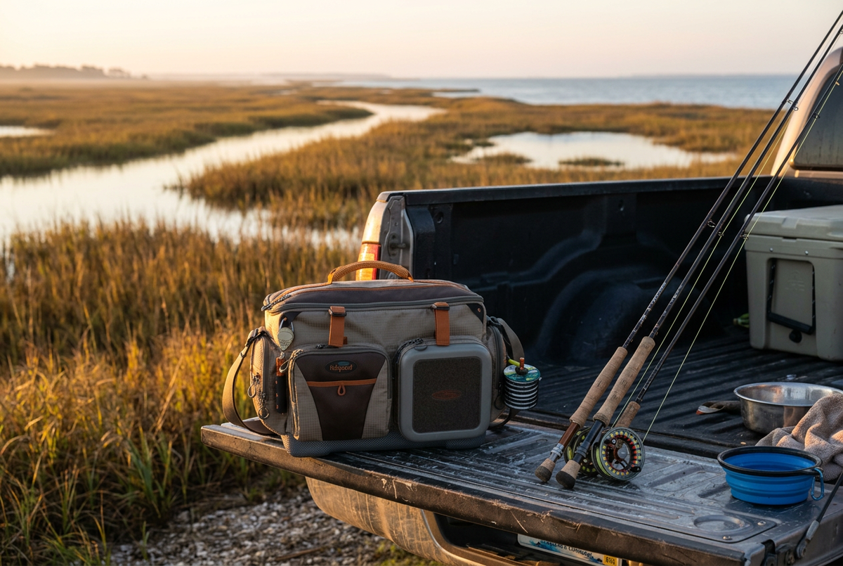 Fishpond Green River gear bag at a Gulf Coast coastal marsh