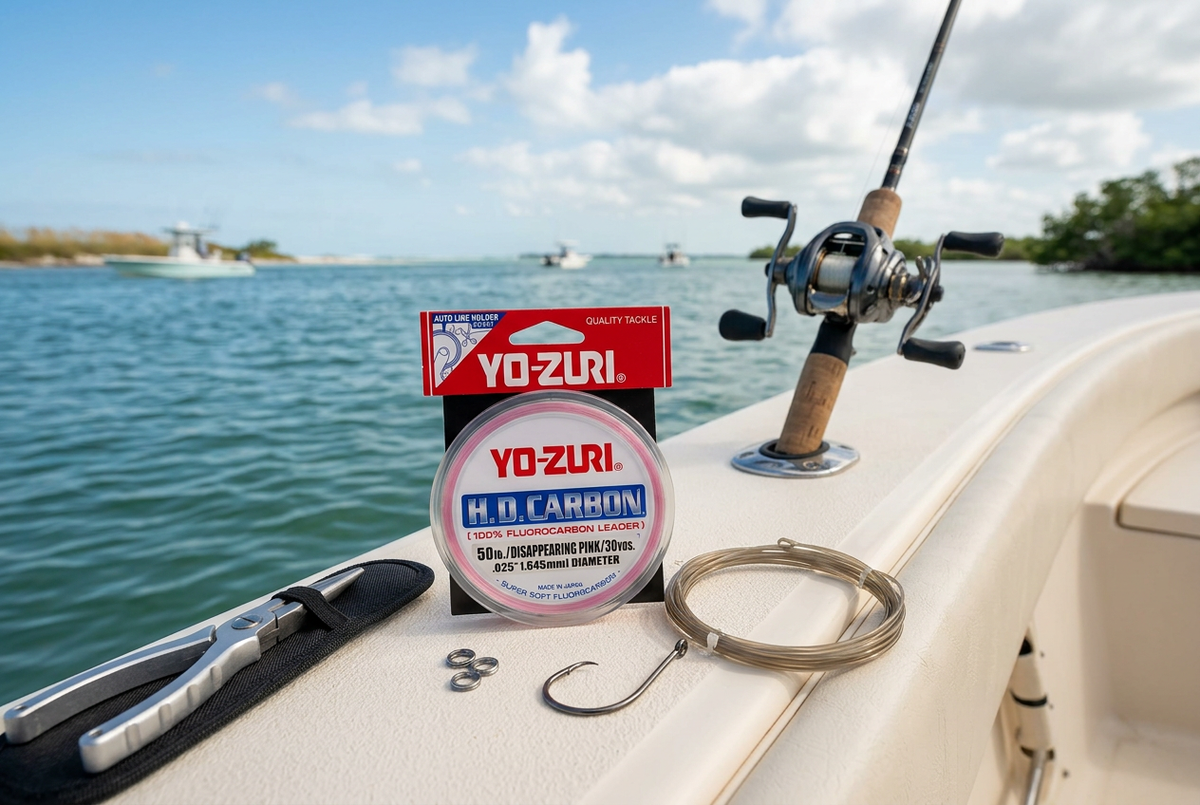 Yo-Zuri HD Carbon fluorocarbon leader spool on a boat with Gulf Coast saltwater