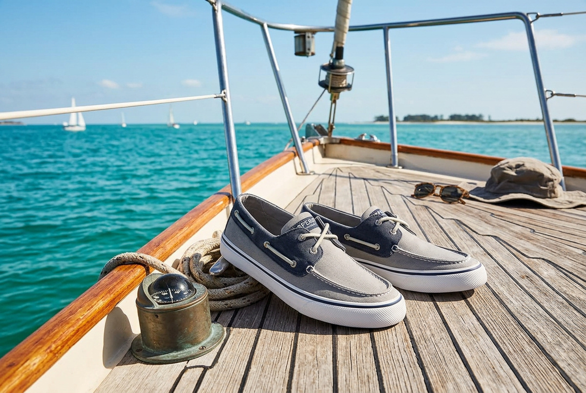 Sperry Bahama II grey boat shoes on a sailboat deck with Gulf Coast water