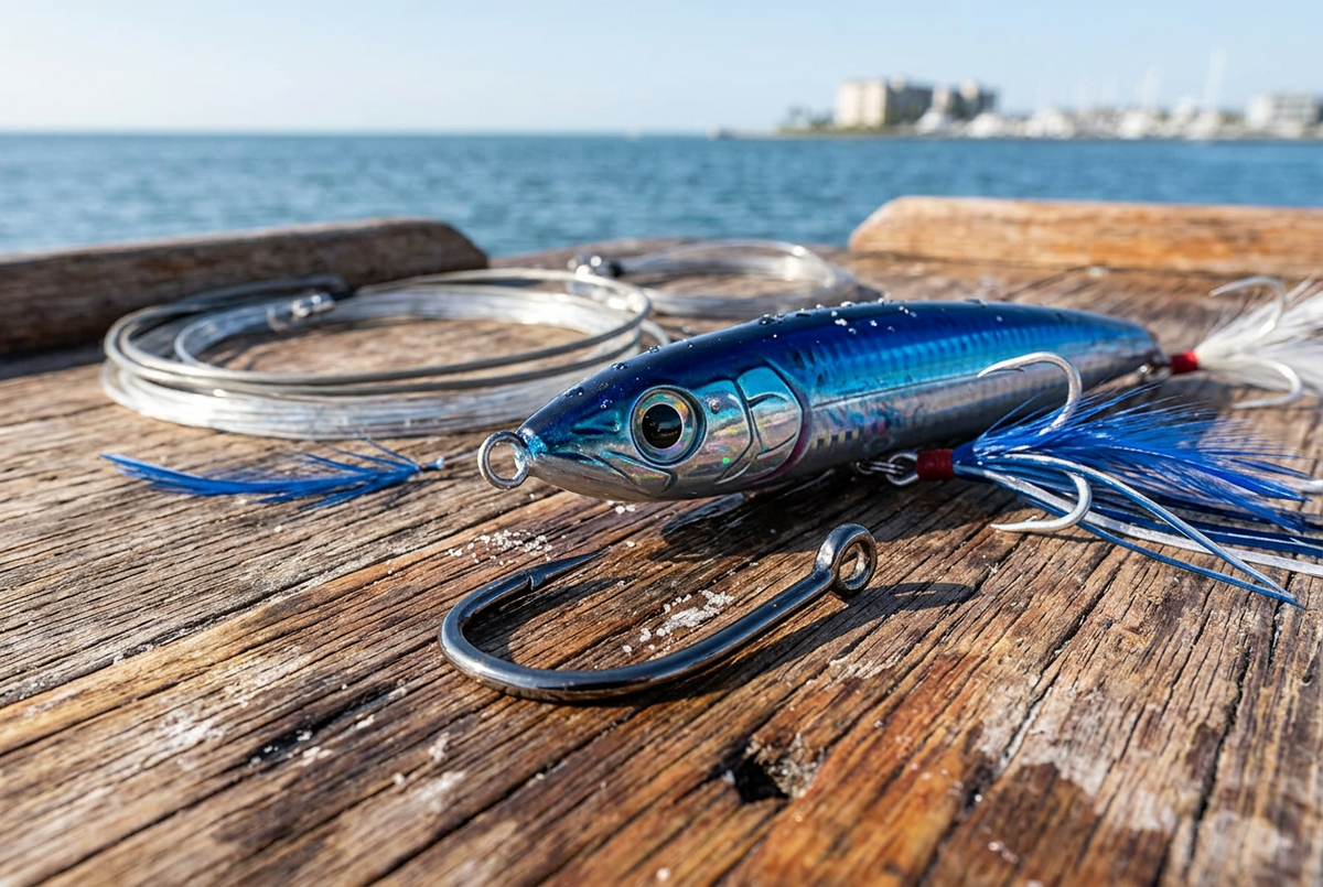 Owner offshore ringed hook on a Gulf Coast fishing boat deck