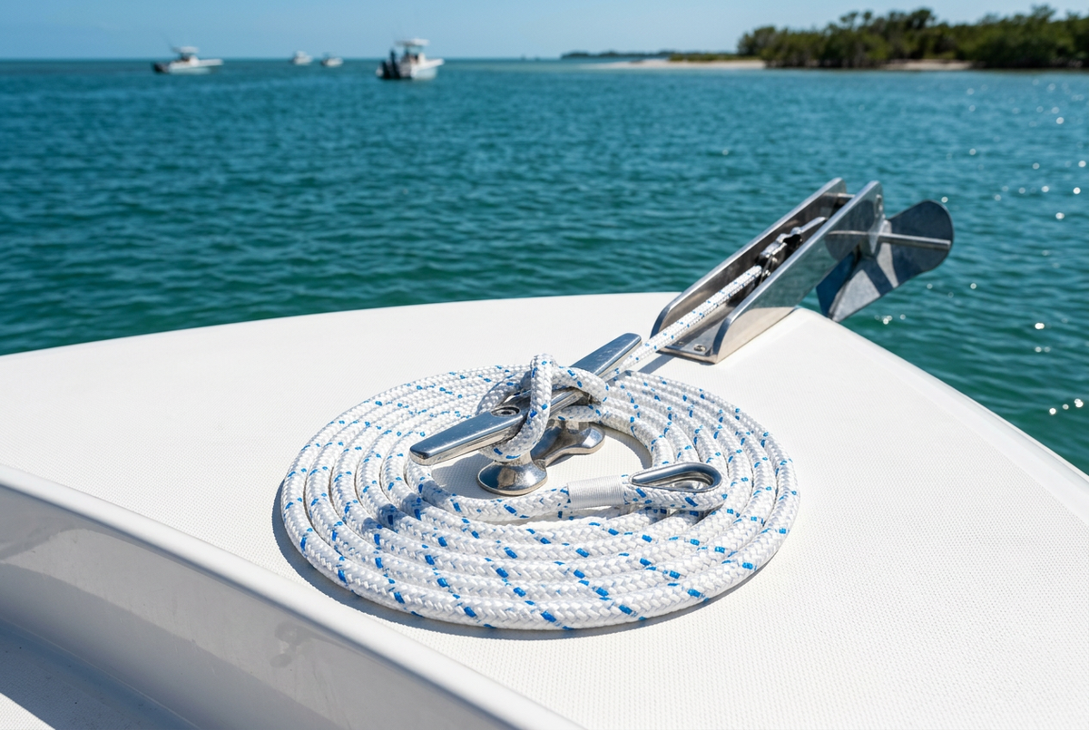 White and blue double-braided anchor rope on a boat bow cleat with Gulf Coast water