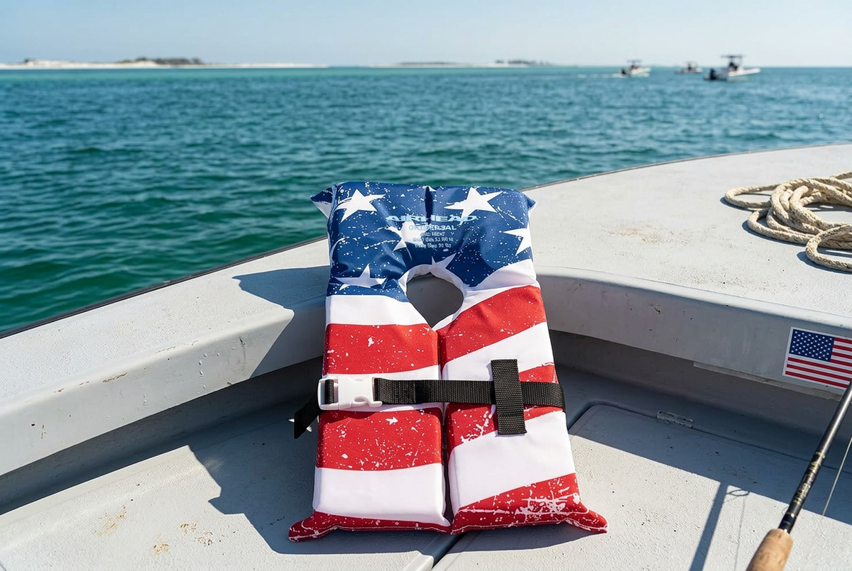 Airhead Stars and Stripes life jacket on a Gulf Coast boat deck