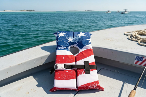 Airhead Stars and Stripes life jacket on a Gulf Coast boat deck