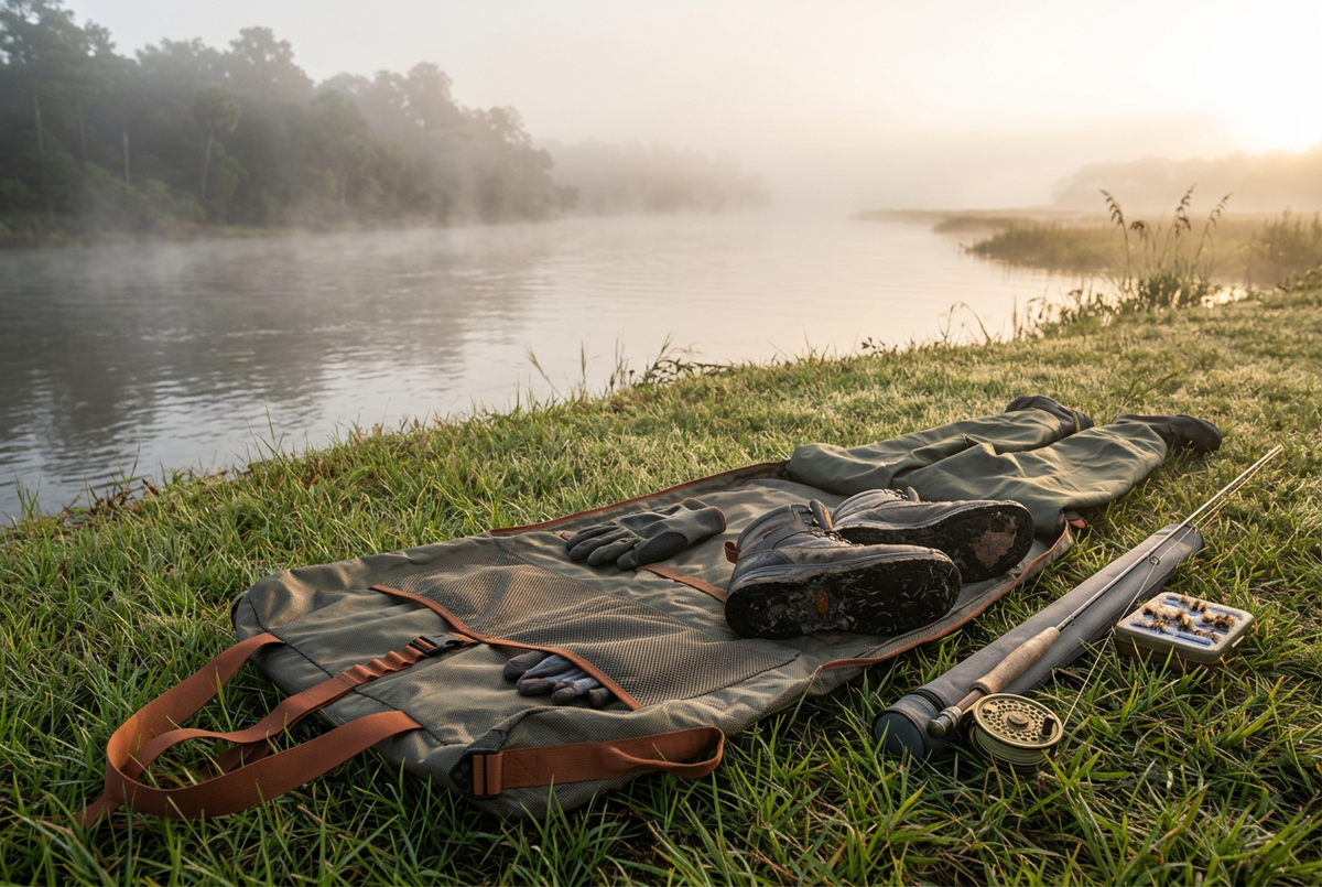 Fishpond Burrito wader bag unrolled on a Gulf Coast riverbank