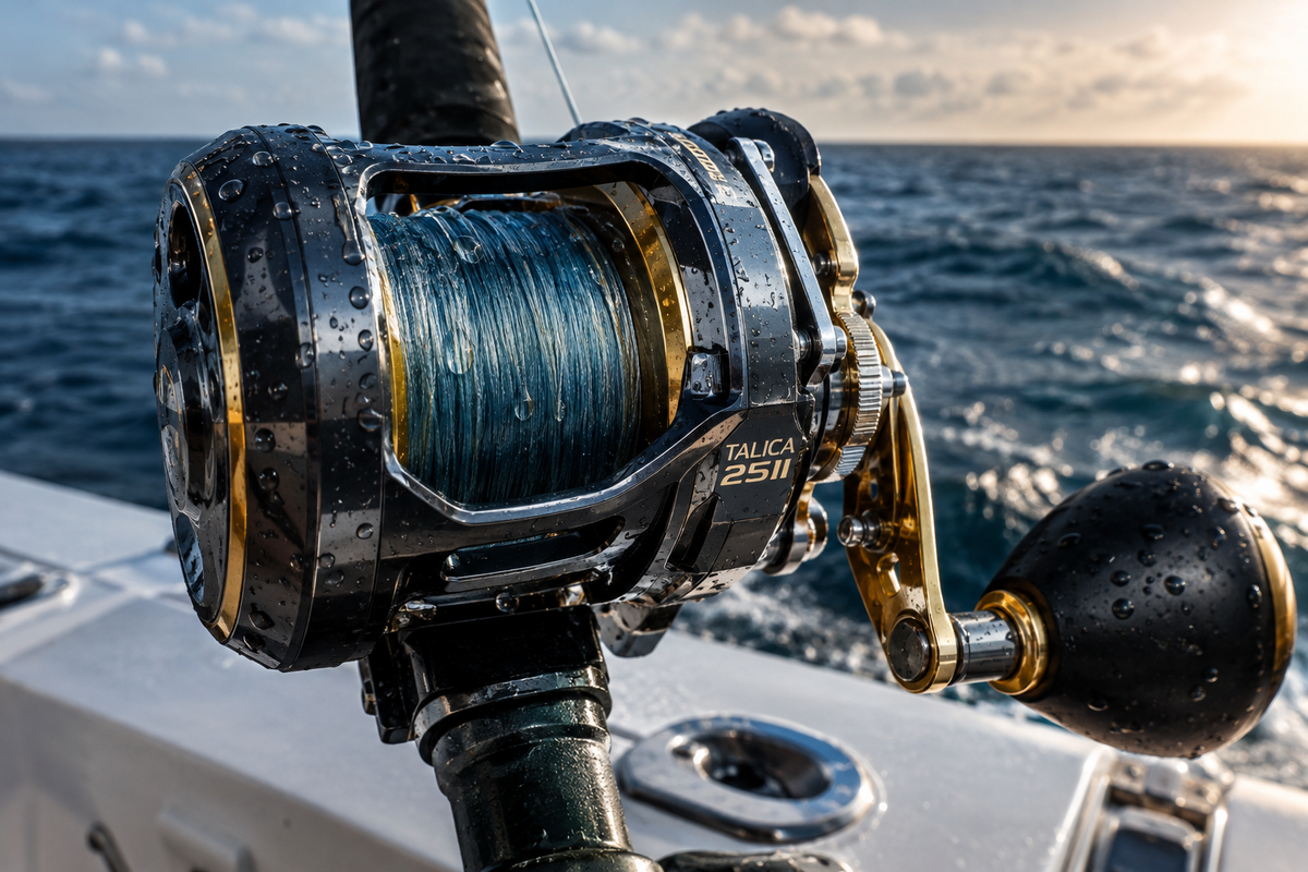 PENN Fathom II Star Drag Reel close-up showing mechanical detail with water droplets on boat deck