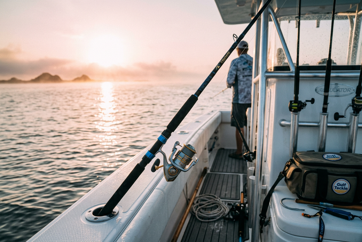 Tsunami Seatech saltwater fishing rod on a Gulf Coast center console boat